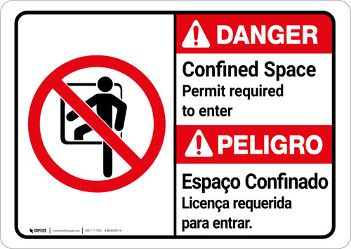 Danger: Confined Space Permit Required To Enter Bilingual Spanish - Wall Sign