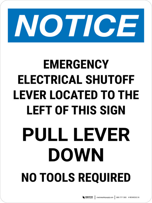 Notice: Emergency Electrical Shutoff Lever Portrait - Wall Sign