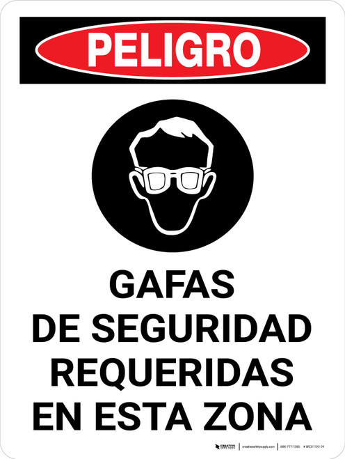 Peligro - Gafas de Seguridad PPE Requeridas en el Área con Gráfico Vertical - Wall Sign