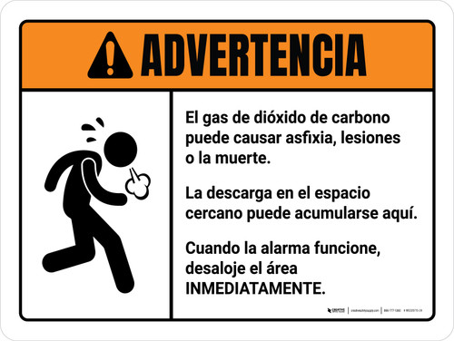 Advertencia - El Dióxido de Carbono Provoca Asfixia Cuando se Desaloja la Alarma ANSI - Wall Sign