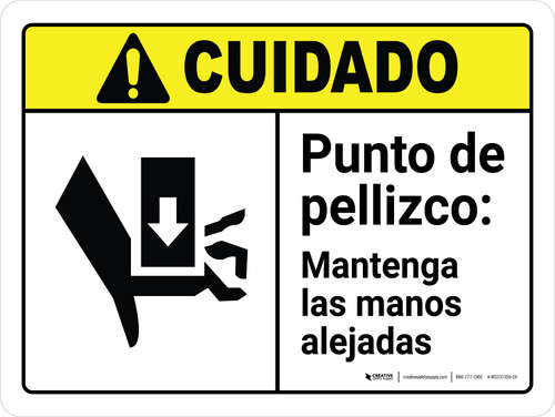 Cuidado - Punto de Pellizco Mantenga las Manos Alejadas con Icono ANSI Horizontal - Wall Sign