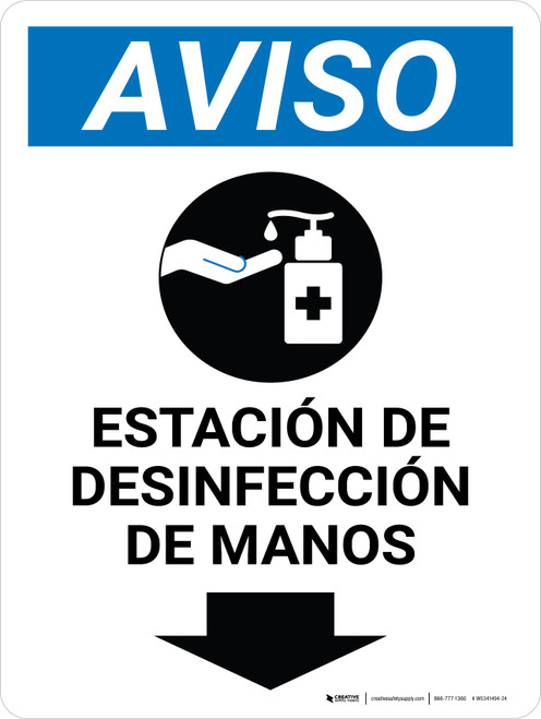 Aviso - Estación de desinfección de manos Flecha Hacia Abajo con Retrato de Icono Vertical - Wall Sign