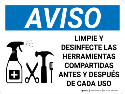 Aviso - Limpie y Desinfecte las Herramientas Compartidas con Icono Horizontal - Wall Sign