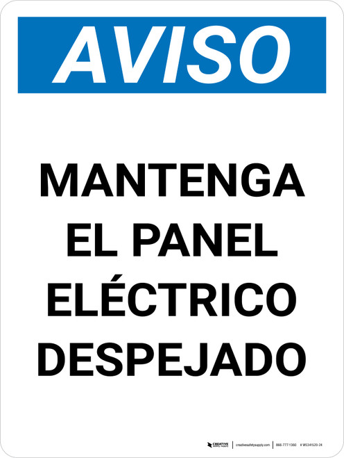 Aviso - Mantenga el Panel Eléctrico Despejado - Wall Sign