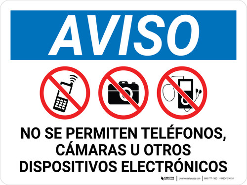 Aviso - No se Permiten Teléfonos, Cámaras u Otros Dispositivos Electrónicos Horizontal - Wall Sign