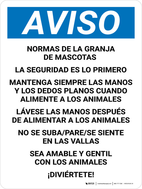 Aviso - Normas de la Granja de Mascotas La Seguridad es lo Primero Vertical - Wall Sign