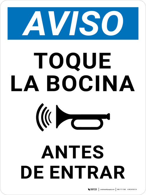 Aviso - Toque la Bocina Antes de Entrar Vertical - Wall Sign