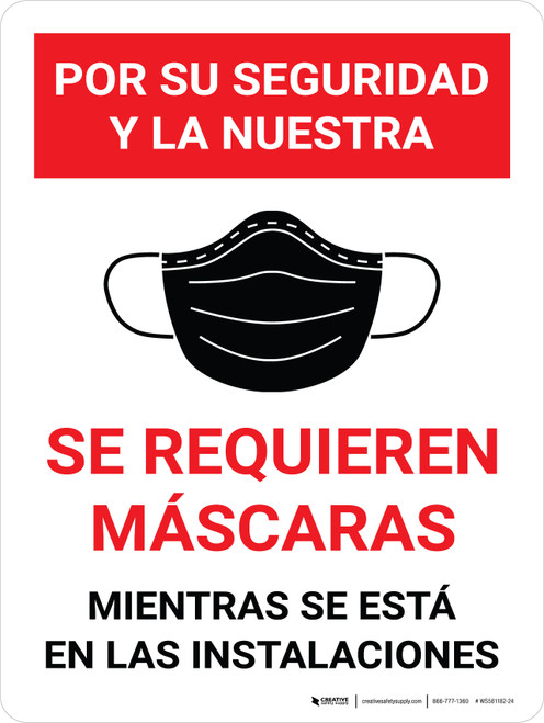 Por Su Seguridad y la Nuestra, se Requieren Máscaras Mientras se Está en las Instalaciones Señal de Pared Roja - Wall Sign