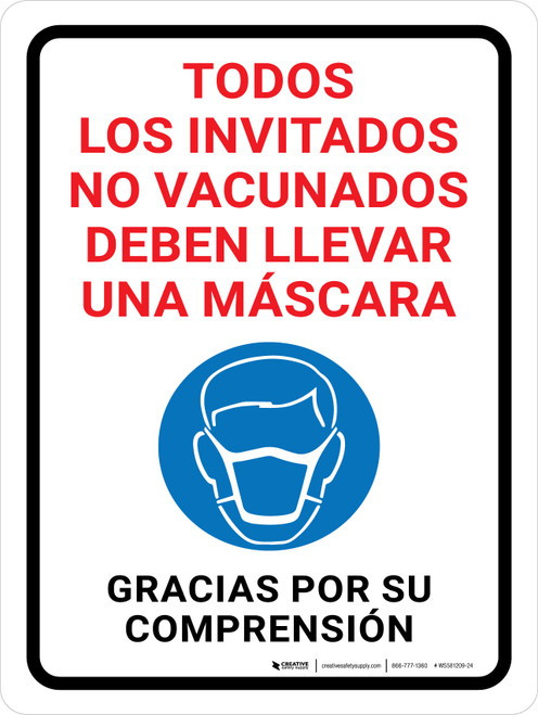 Todos los Invitados no Vacunados deben Llevar una Mascarilla - Gracias con Icono Vertical - Wall Sign
