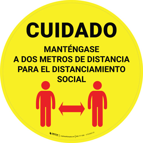 Cuidado - Manténgase a Dos Metros de Distancia - Amarillo Circular - Floor Sign