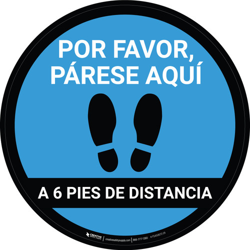 Por Favor, Párese Aquí a 6 Pies de Distancia Huellas de Zapato Azul Circular - Floor Sign