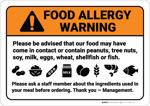 Warning: Food Allergy Warning Be Advised Food May Contain - Wall Sign