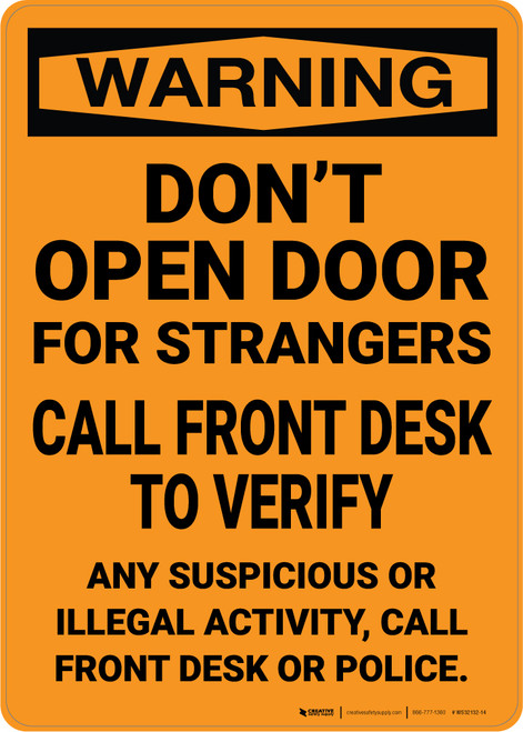 Warning: Don't Open Door for Stranger Call Front Desk - Wall Sign