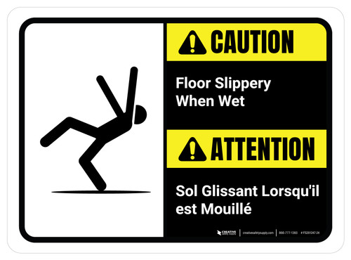 Attention - Sol Glissant Lorsqu'il est Mouillé Bilingue - De-Chaussée Signe