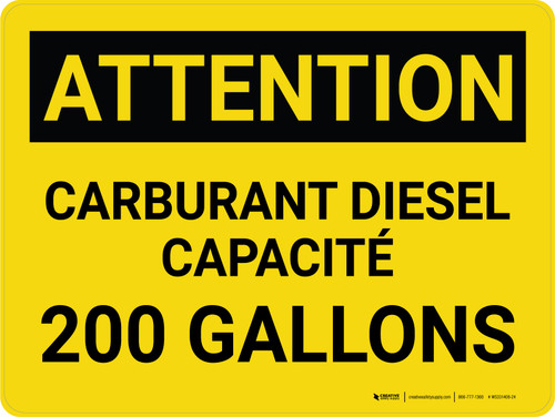 Attention: Capacité de carburant diesel 200 gallons (Caution: 200 Gallons) French Landscape - Wall Sign