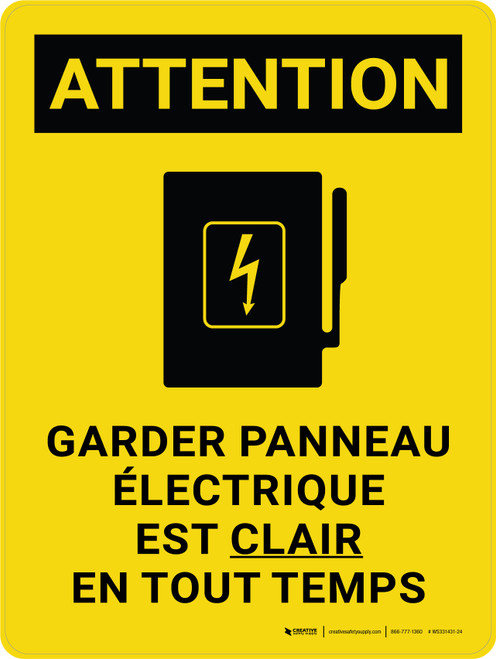 Attention: Garder le Panneau Électrique Clair à tous les Temps (Caution: Keep Electrical Panel Clear at all Times with Graphic) French Portrait - Wall Sign