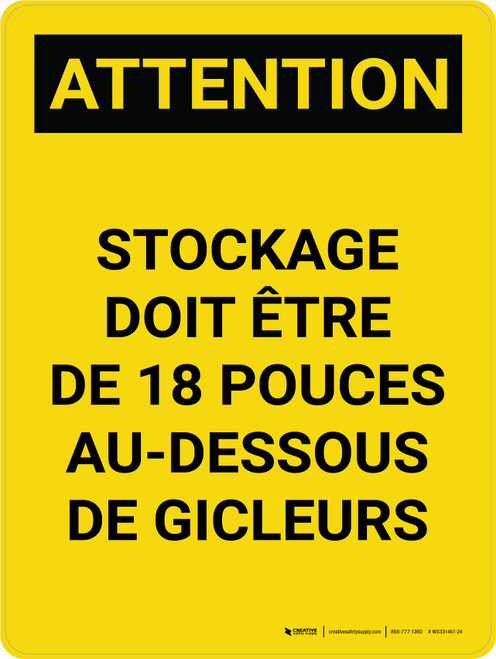 Attention: Le Stockage Doit Être De 18 Pouces Au-Dessous De Gicleurs (Caution: Storage Must Be 18 Inches Below Sprinklers) French Portrait - Wall Sign