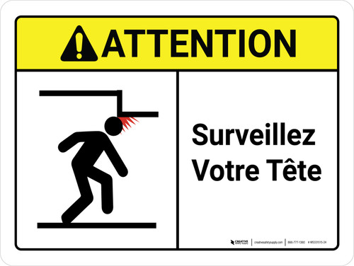 Attention: Surveillez Votre Tête (Caution: Watch Your Head ANSI) French Landscape - Wall Sign