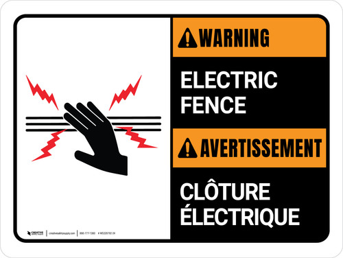 Avertissement: Bilingue Clôture Électrique (Warning: Bilingual Electric Fence ANSI) French Landscape - Wall Sign