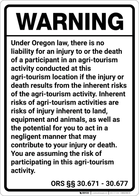 Warning: Oregon Agritourism Liability OR - Wall Sign