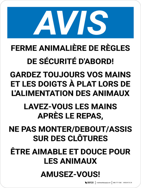 Notice: Ferme Animalière De Règles De Sécurité De Premier (Notice: Petting Farm Rules Safety First) French Portrait - Wall Sign