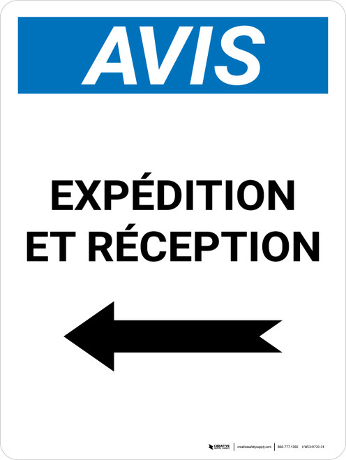 Notice: l'envoi et la Réception avec Flèche Gauche 9Notice: Shipping & Receiving with Left Arrow) French Portrait - Wall Sign