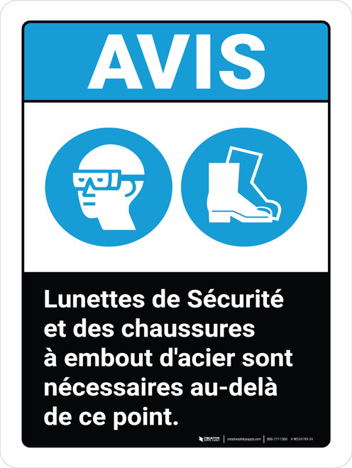 Notice: Lunettes De Sécurité À Embout D'Acier De Chaussures (Notice: Safety Glasses Steel Toe Shoes Required) French Portrait - Wall Sign