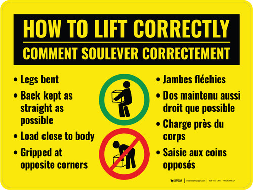 Comment Soulever Correctement (How to Lift Correctly Bilingual) Landscape French - Wall Sign