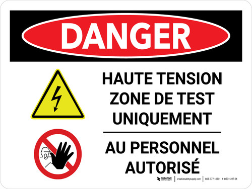 Danger: Haute Tension de la Zone d'Essai (Danger: High Voltage Test Area) Landscape French - Wall Sign