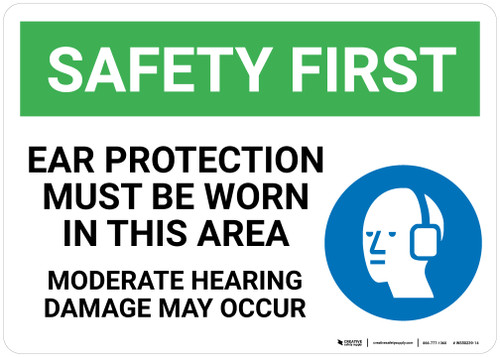 Safety First: Ear Protection Must Be Worn Moderate Hearing Damage - Wall Sign
