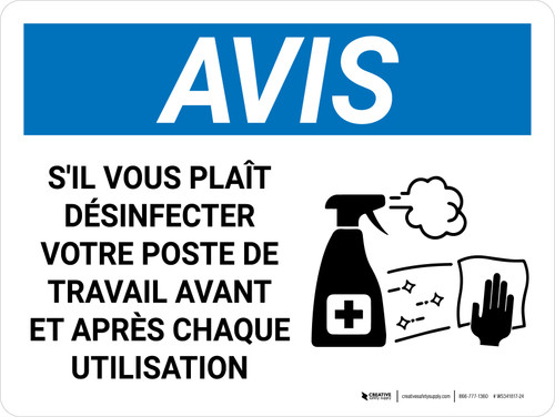 Avis: Veuillez Désinfecter Votre ordinateur (Notice: Please Disinfect Your Workstation) Landscape French - Wall Sign