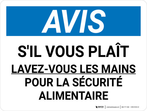 Avis: Veuillez Vous Laver Les Mains Pour La Sécurité Des Aliments (Notice: Please Wash Your Hands For Food Safety) Landscape French - Wall Sign