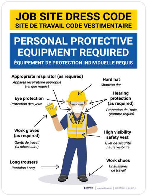 Site De Travail Code Vestimentaire De Protection Individuelle Requis (Job Site Dress Code Personal Protection Required Bilingual) Portrait French - Wall Sign