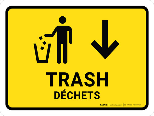 Corbeille Avec Déchets Flèche Jaune (Trash With Down Arrow Yellow Bilingual) Landscape French - Wall Sign