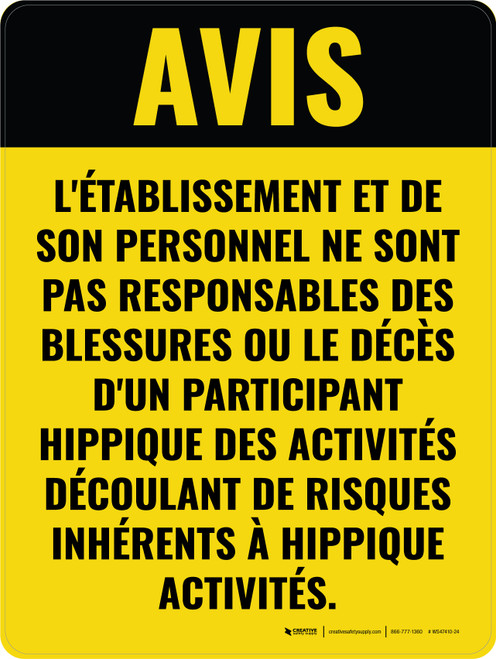 Équestre Responsabilité (Equestrian Liability) Portrait French - Wall Sign