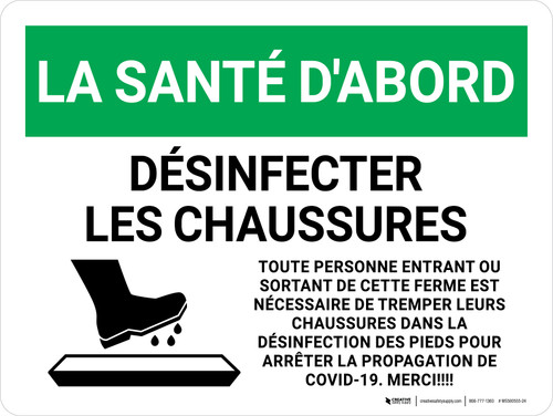 La santé d'Abord Désinfecter les Chaussures Avant d'Entrer dans (Health First Disinfect Footwear Before Entering) Landscape French - Wall Sign
