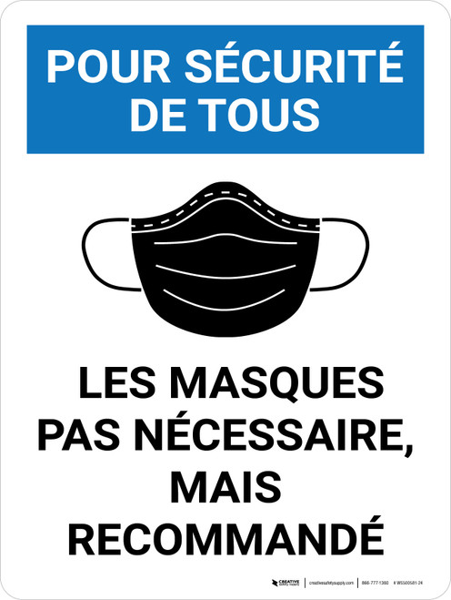 Pour la Sécurité de Tous les Masques Pas Nécessaire, Mais recommandé (For Everyone's Safety Masks Not Required But Encouraged) Portrait French - Wall Sign