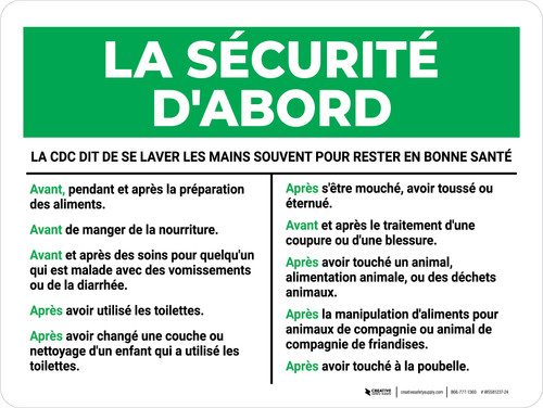 La sécurité d'Abord - CDC se Laver les Mains Souvent (Safety First: CDC Wash Hands Often) Landscape French - Wall Sign