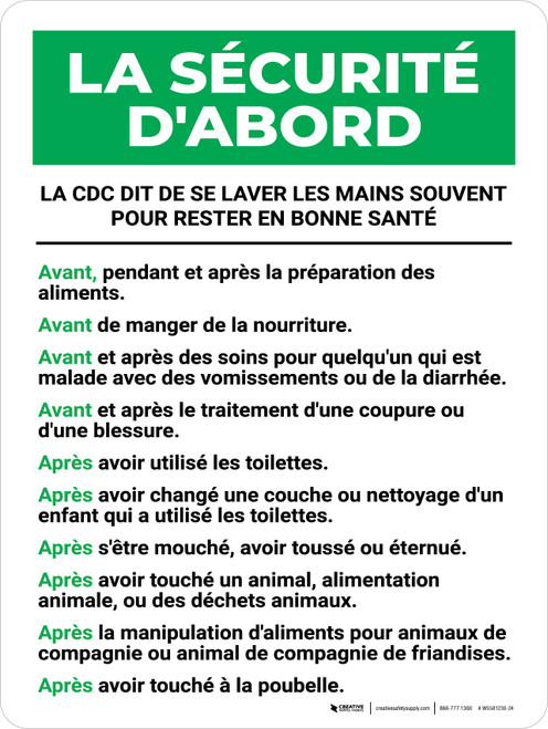 La sécurité d'Abord - CDC se Laver les Mains Souvent (Safety First: CDC Wash Hands Often) Portrait French - Wall Sign