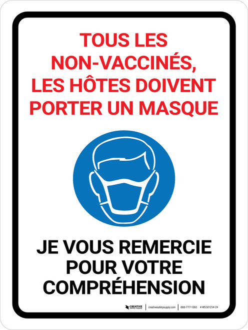 Tous Les non-Vaccinés, Les Hôtes Doivent Porter Un Masque, Je Vous Remercie (All Unvaccinated Guests Must Wear A Mask - Thank You) Portrait French - Wall Sign