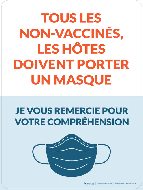 Tous Les Non-Vaccinés, Les Hôtes Doivent Porter Un Masque, Je Vous Remercie (All Unvaccinated Guests Must Wear A Mask - Thank You with Mask Icon) Portrait French - Wall Sign