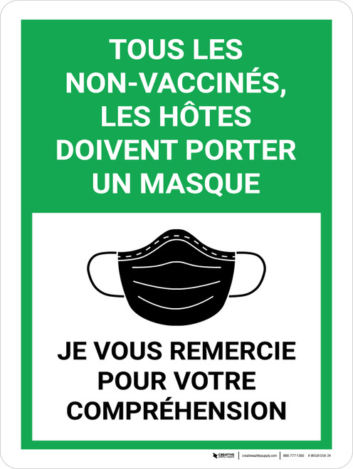 Tous Les Non-Vaccinés, Les Hôtes Doivent Porter Un Masque, Je Vous Remercie Pour La Compréhension (All Unvaccinated Guests Must Wear A Mask - Thank You For Your Understanding with Mask) Portrait French - Wall Sign