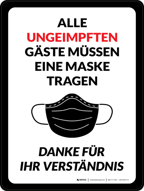 Alle ungeimpften Gäste müssen eine Maske tragen (All Unvaccinated Guests Must Wear A Mask) German - Wall Sign