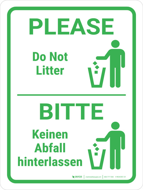 Bitte Keinen Abfall Hinterlassen (Please Do Not Litter) Bilingual German - Wall Sign