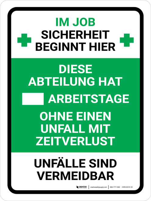 Diese Abteilung hat Arbeitstage ohne Arbeitsausfall gearbeitet (This Department Has Worked Days Without A Lost Time Accident) German - Wall Sign