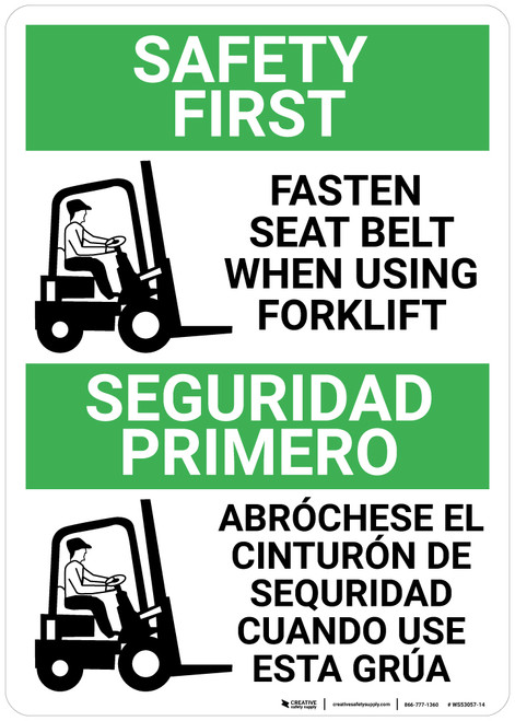 Safety First: Fasten Seat Belt When Using Forklift Bilingual Spanish - Wall Sign