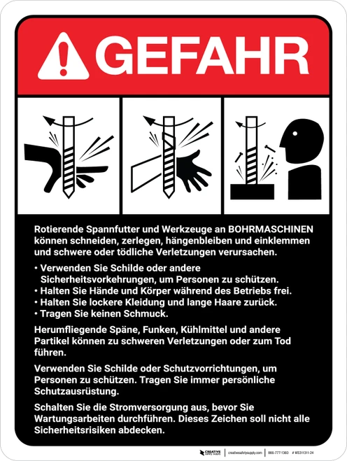 Gefahr - Bohrmaschinenrichtlinien (Danger - Drilling Machine Guidelines) ANSI German - Wall Sign