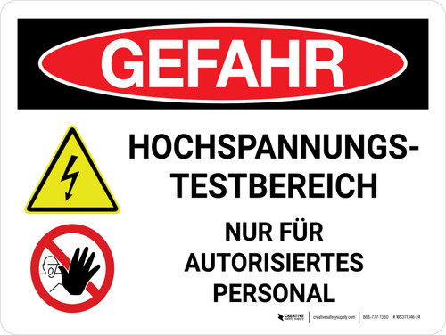 Gefahr - Hochspannungstestbereich (Danger - High Voltage Test Area) Landscape German - Wall Sign