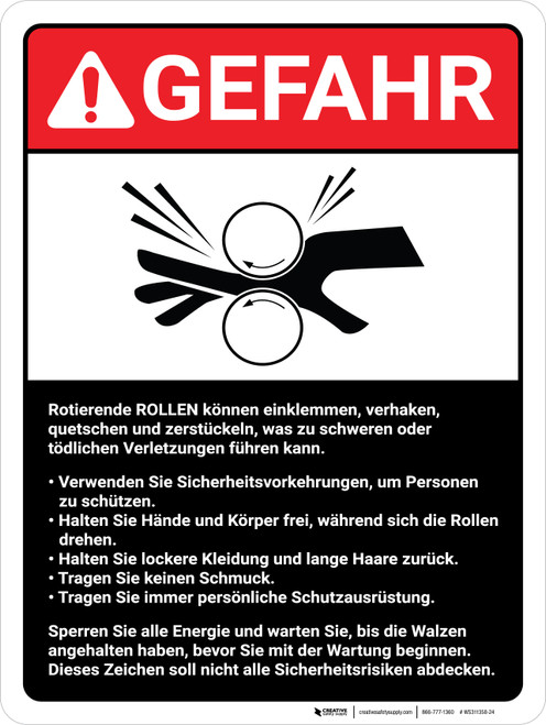 Gefahr - Maschinenrichtlinien für rotierende Walzen (Danger - Rotating Rolls Machine Guidelines) ANSI German - Wall Sign