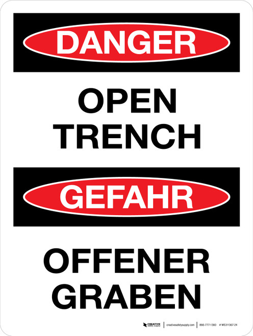Gefahr - Offener Graben (Danger - Open Trench) Bilingual German - Wall Sign